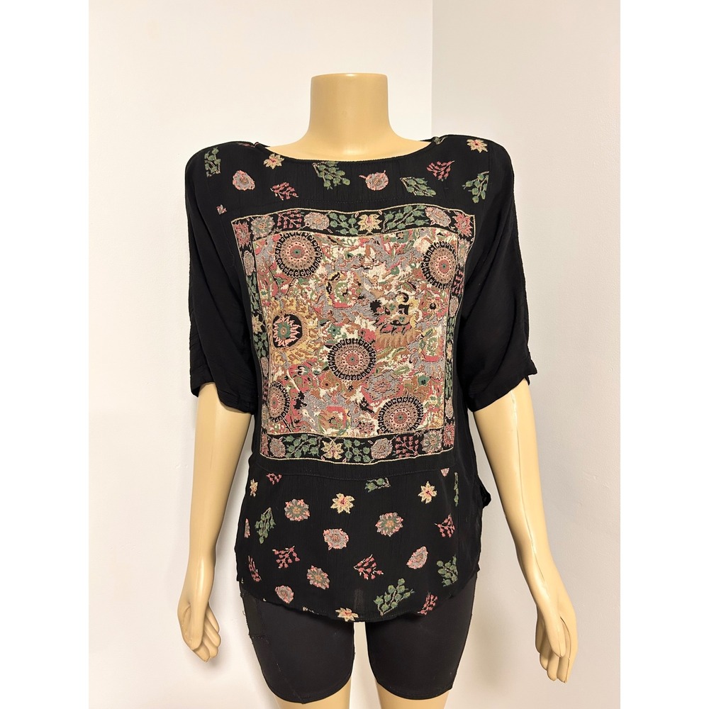 Platinum‎ Dorothy Schoelen Vintage Black Rayon Tapestry Floral Blouse Top S 7107